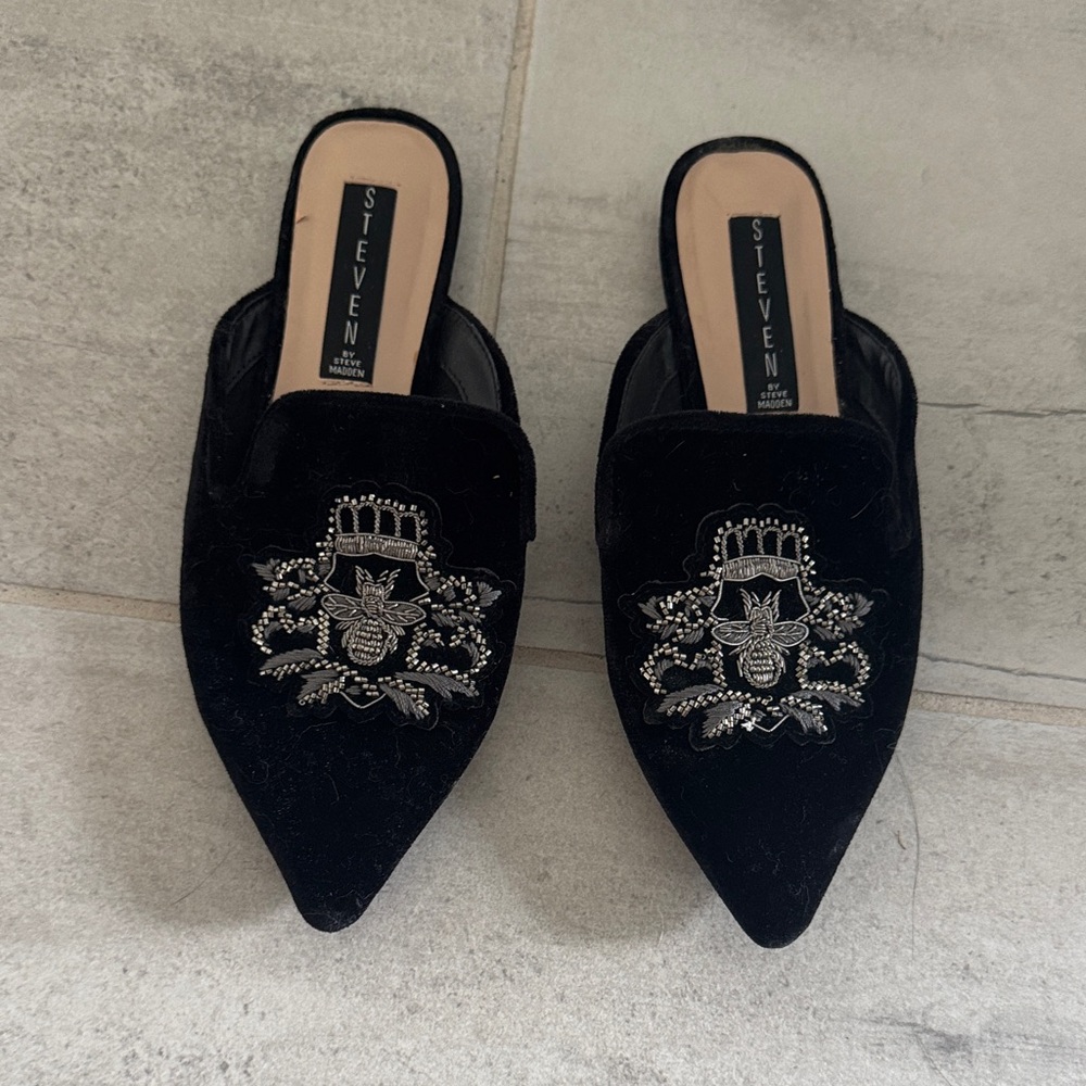 Steve Madden Black Velvet Mules with Silver Embroidery